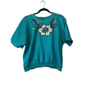 Vintage 80s Teddi Embroidered Women's Blouse M Teal Puff Sleeve Flower Appliqué